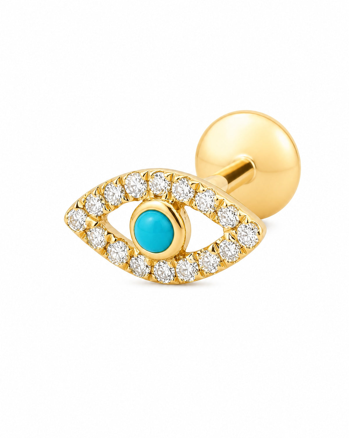 14K Yellow Gold Diamond & Turquoise Evil Eye Cartilage Earring
