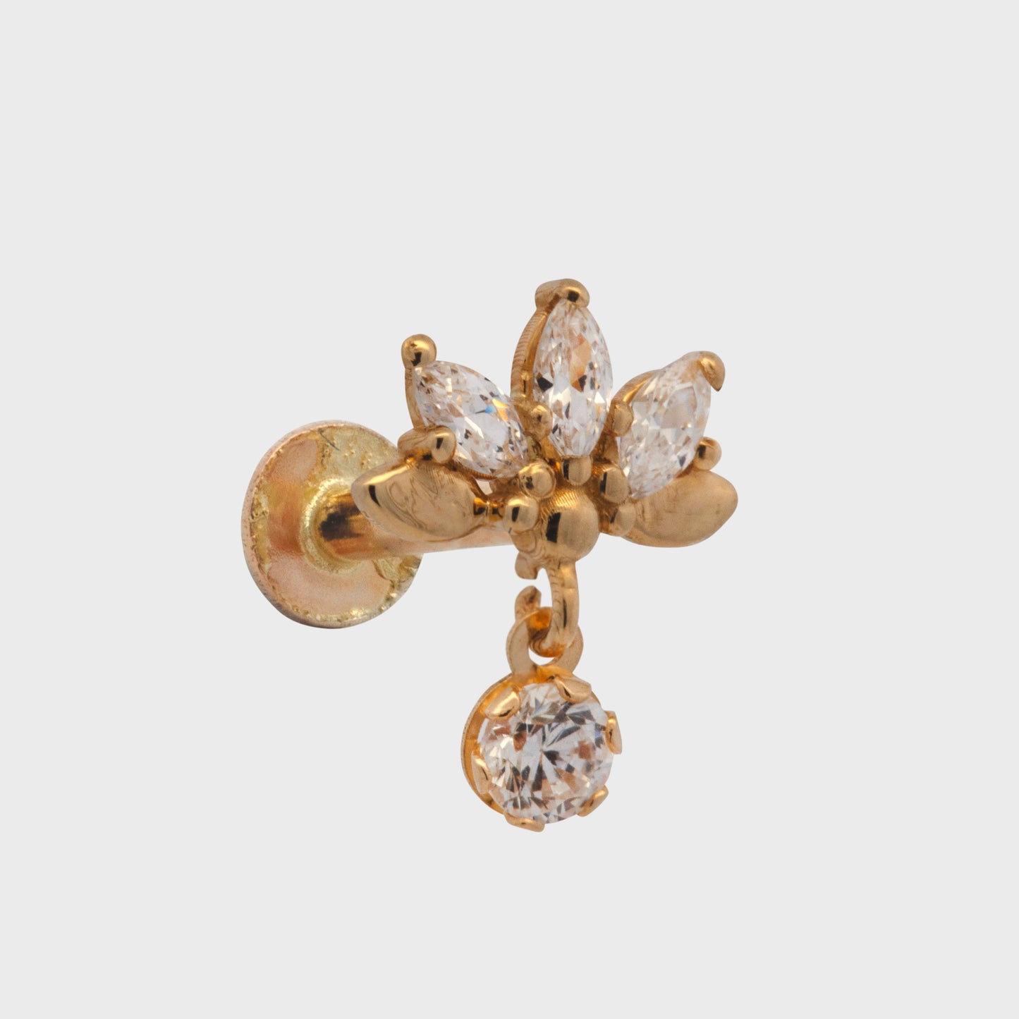 14K Yellow Gold CZ Lotus Flower & a Dangling Round CZ Cartilage Earring