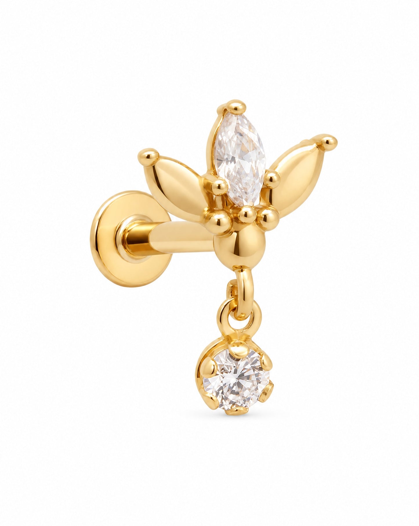 14K Yellow Gold CZ Lotus Flower with Dangling Stone Cartilage Earring