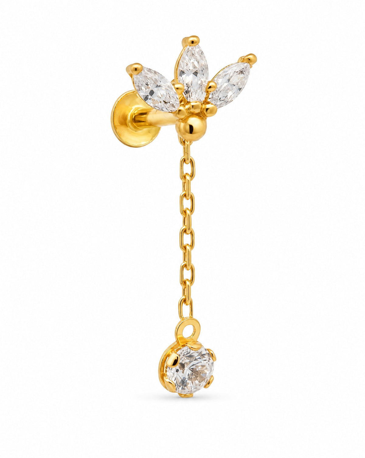 14K Yellow Gold CZ Lotus Flower & Dangle CZ Cartilage Earring