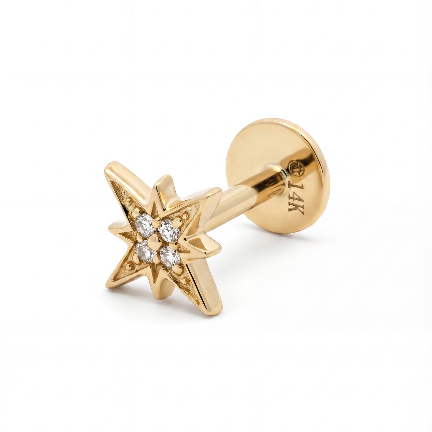14K Yellow Gold Star Bust Diamond Cartilage Earring