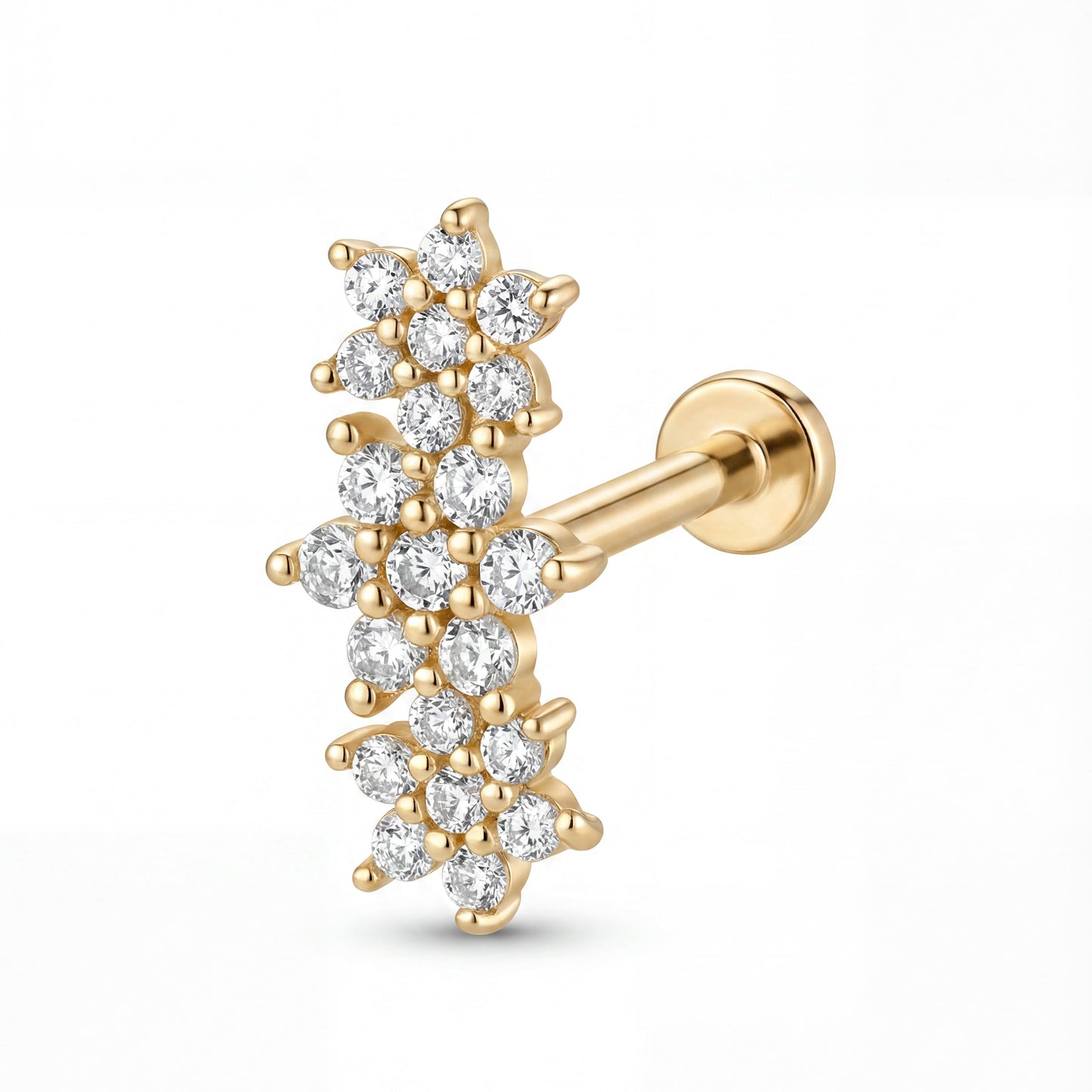 14K Yellow Gold CZ Triple Cluster Flower Cartilage Flatback