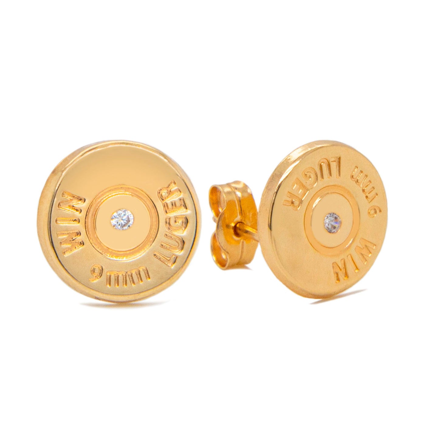 14K Yellow Gold Bullet Back and CZ Center Stud Pushback Earrings