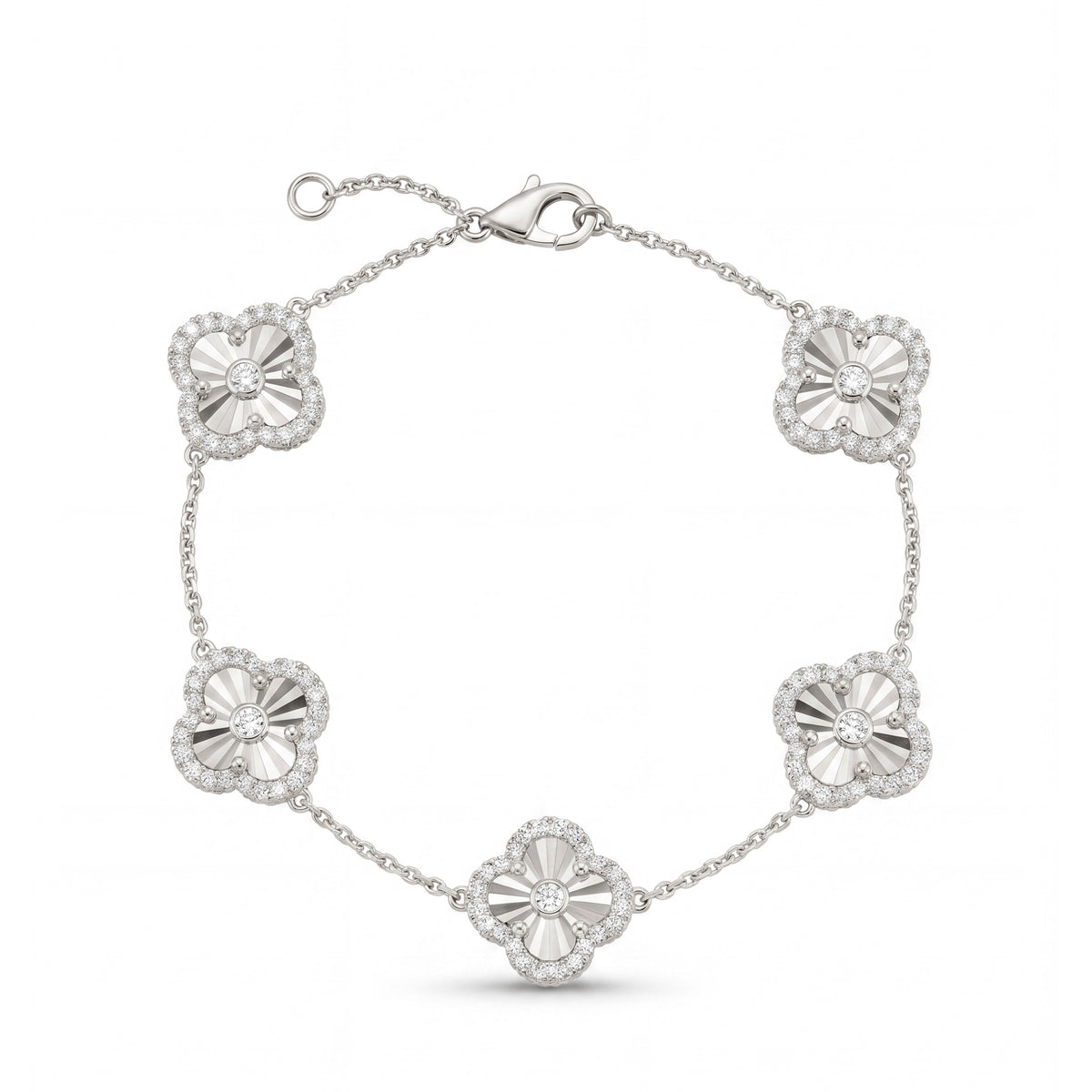 14K White Gold Diamond Clovers Station Bracelet