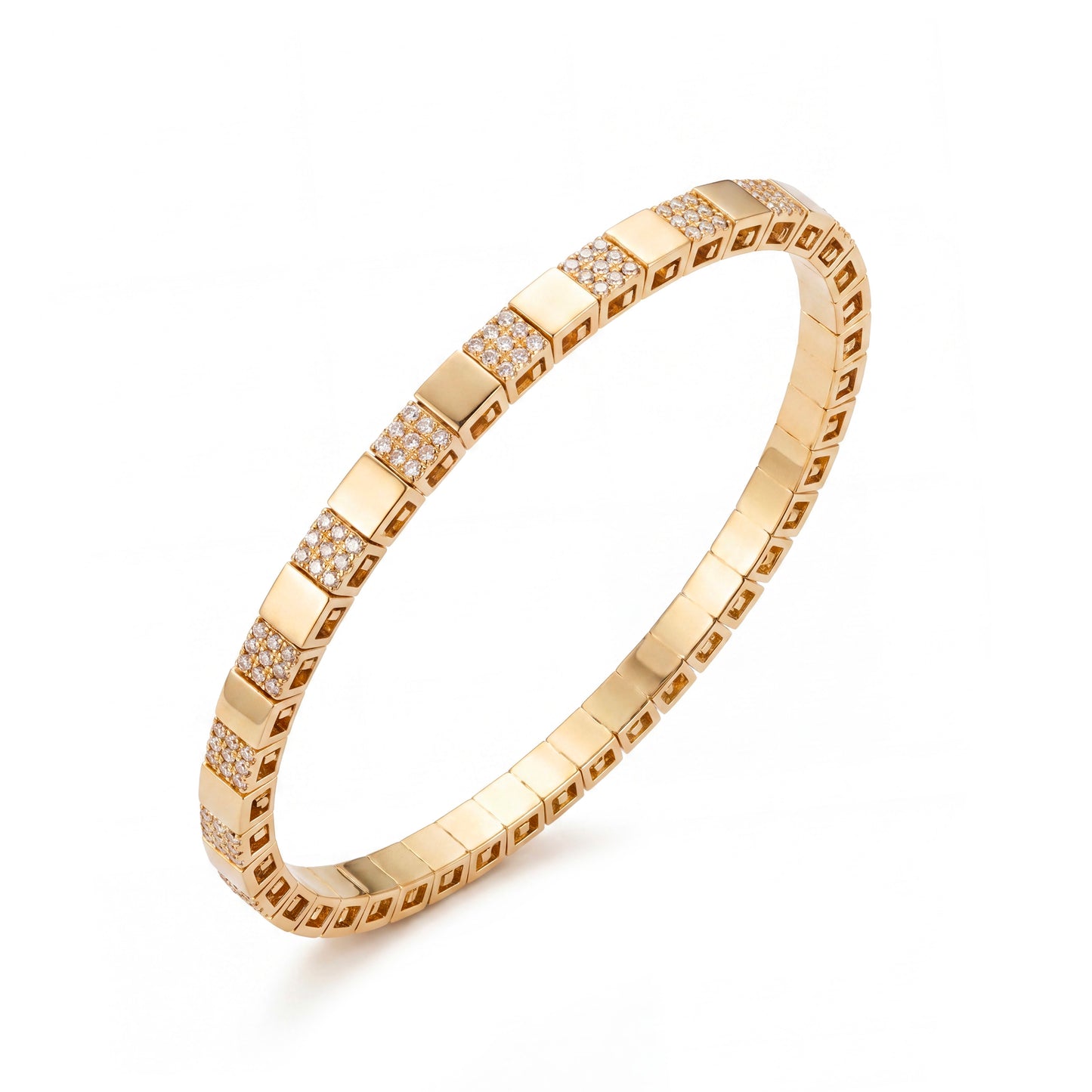 14K Yellow Gold Stretch Plain and Diamond Square Bangle Bracelet