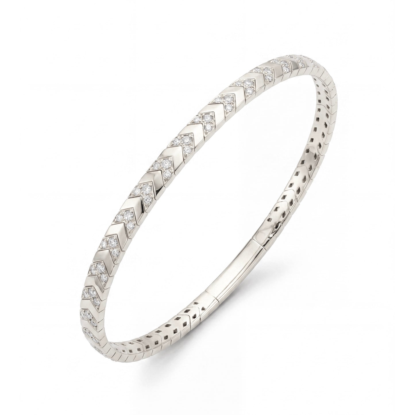 14K White Gold Chevron Style Diamond Bangle Bracelet