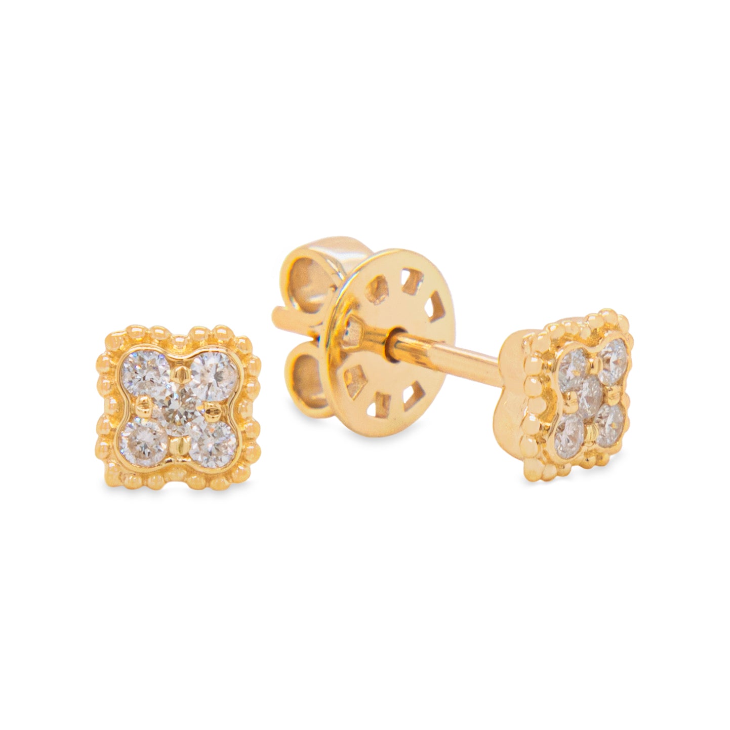 14K Yellow Gold Medium Diamond Cluster Clover Stud Earrings
