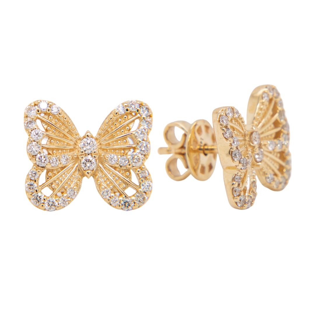 14K Yellow Gold Diamond Butterfly Screwback Earrings