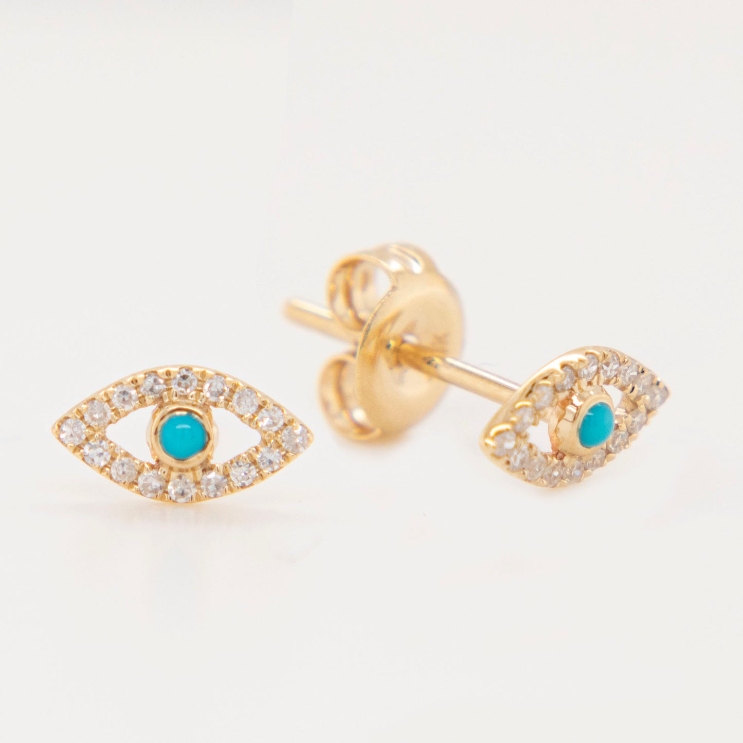 14K Yellow Gold Evil Eye Diamond and Turquoise Stud Earrings