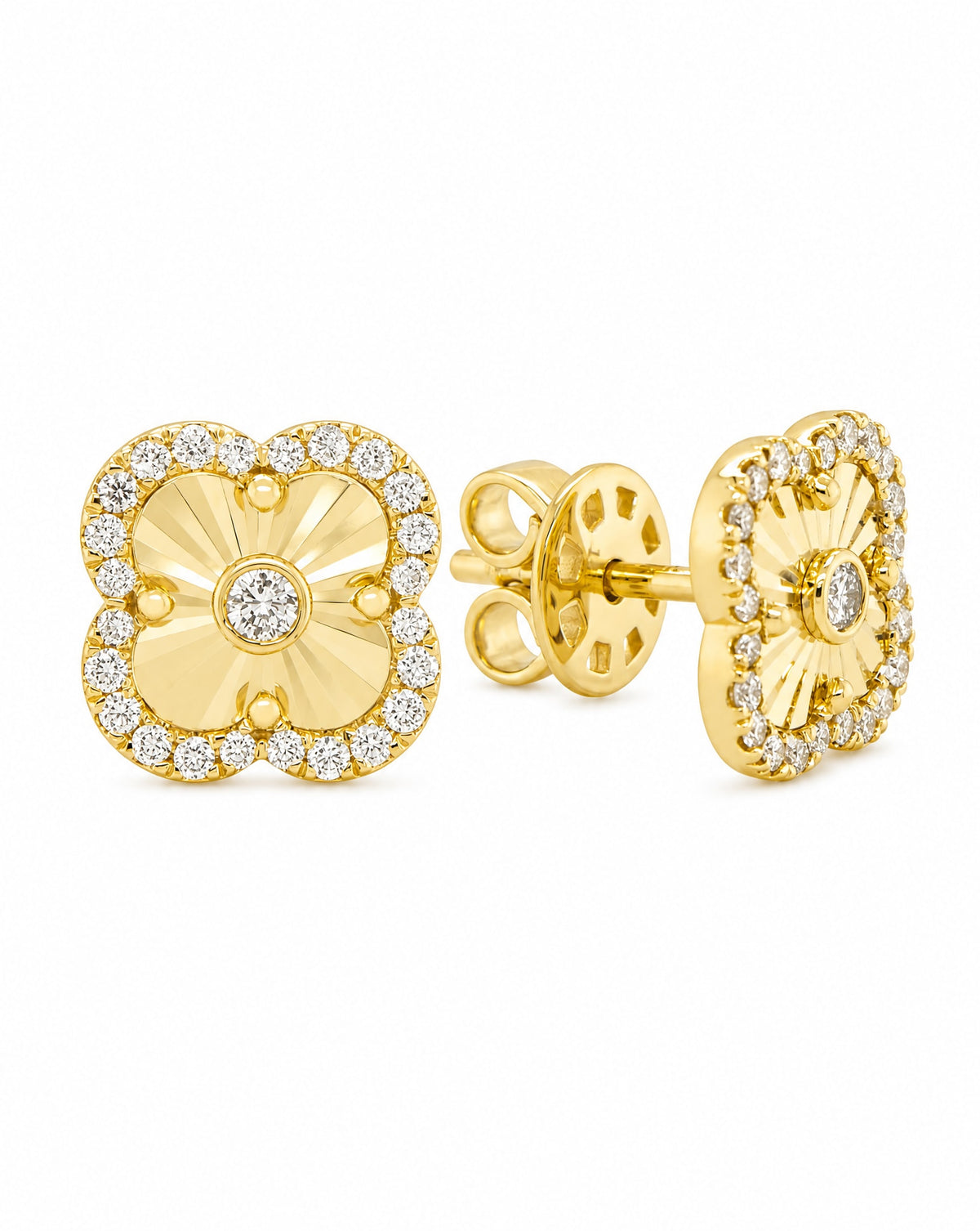 14K Yellow Gold Diamond Clover Pushback Earrings