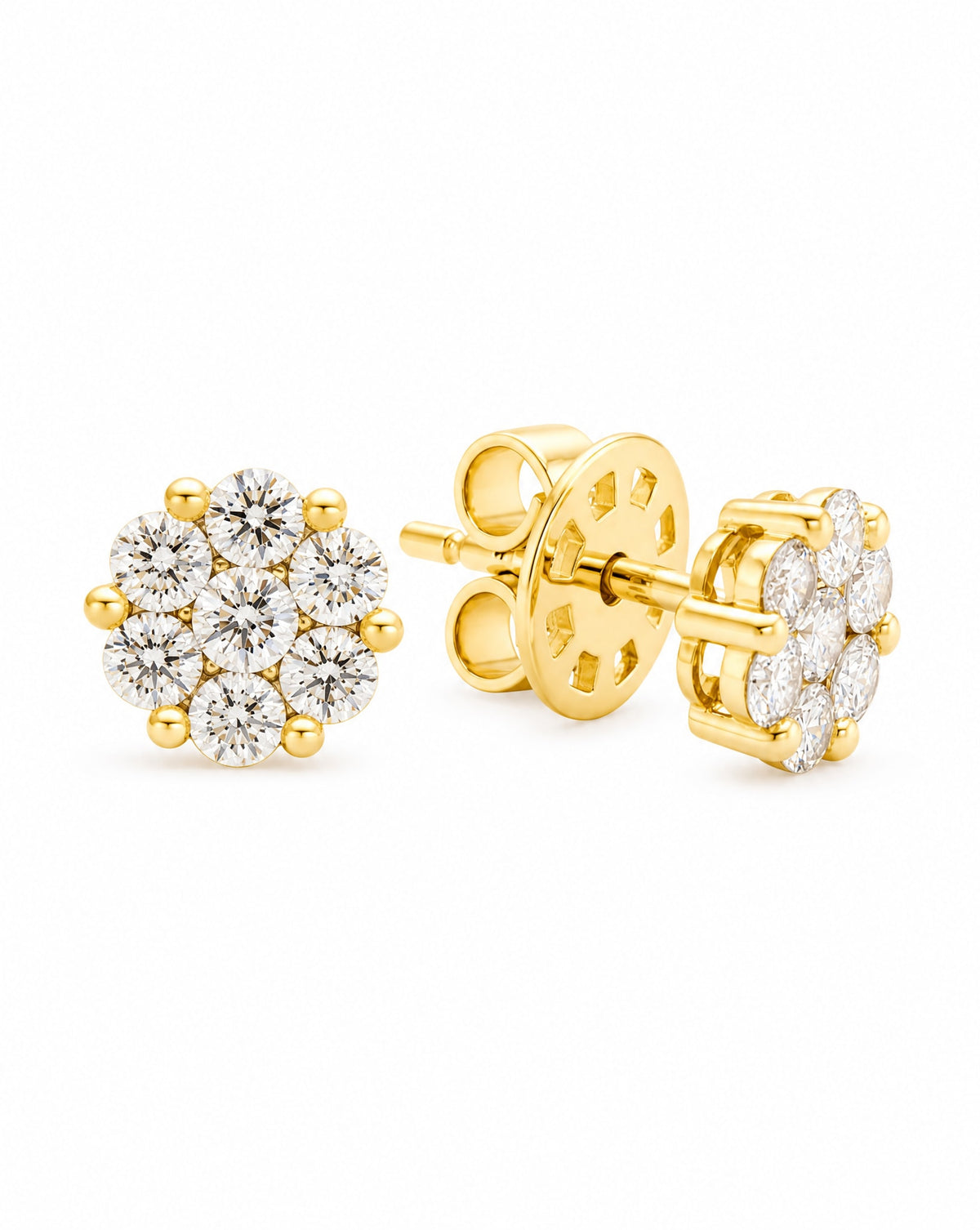 14K Yellow Gold Large Diamond Cluster Flower Stud Earrings