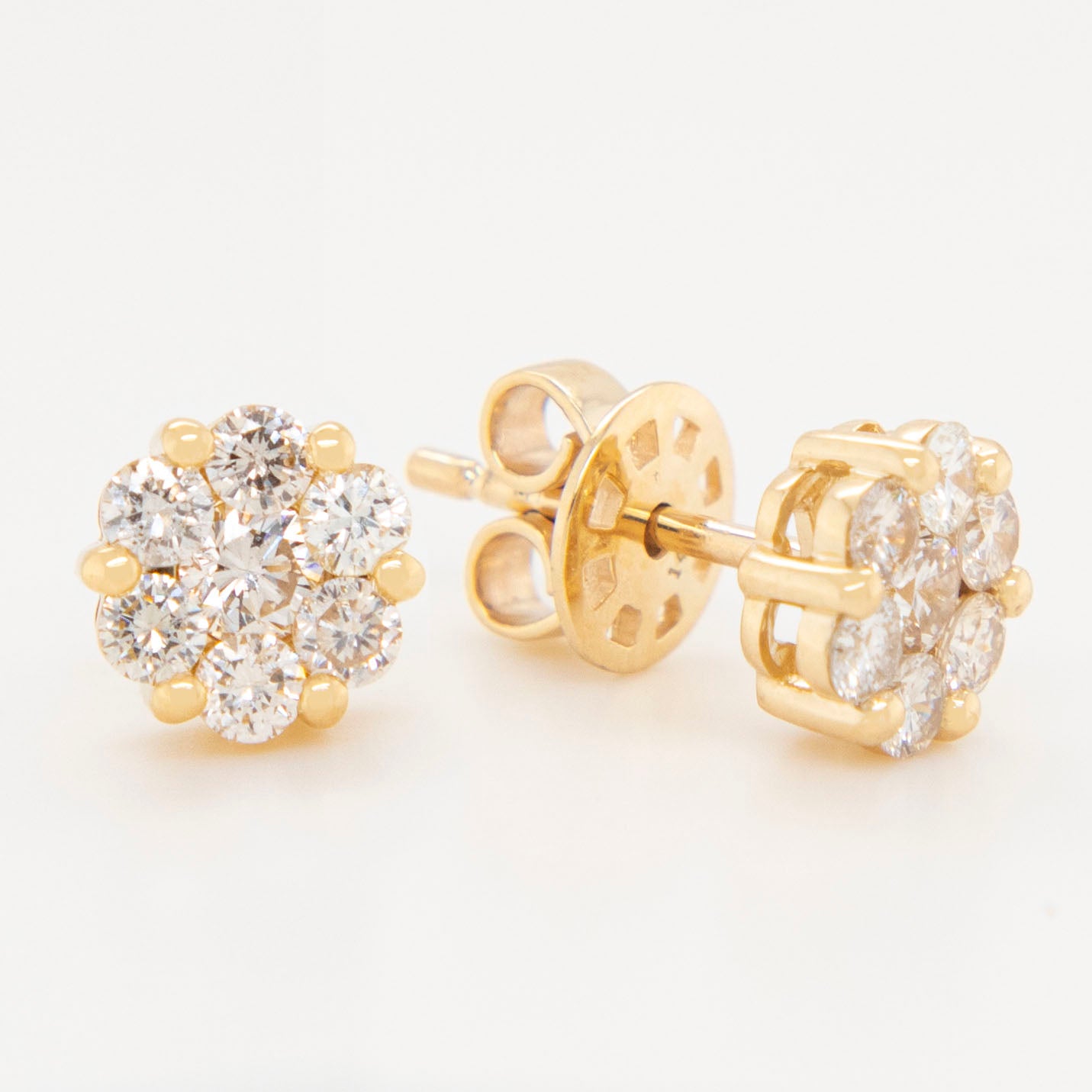 14K Yellow Gold Large Diamond Cluster Flower Stud Earrings
