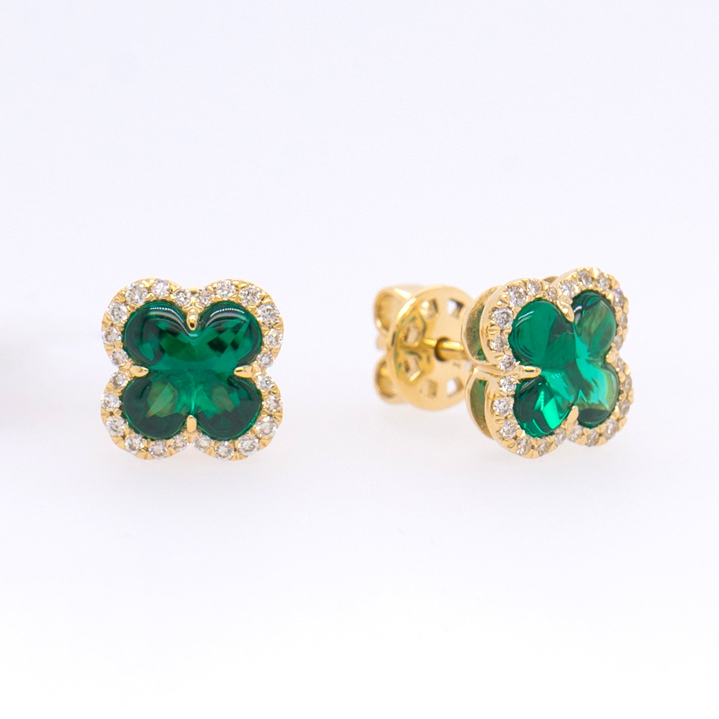 14K Yellow Gold Emerald and Diamond Clover Screwback Earrings