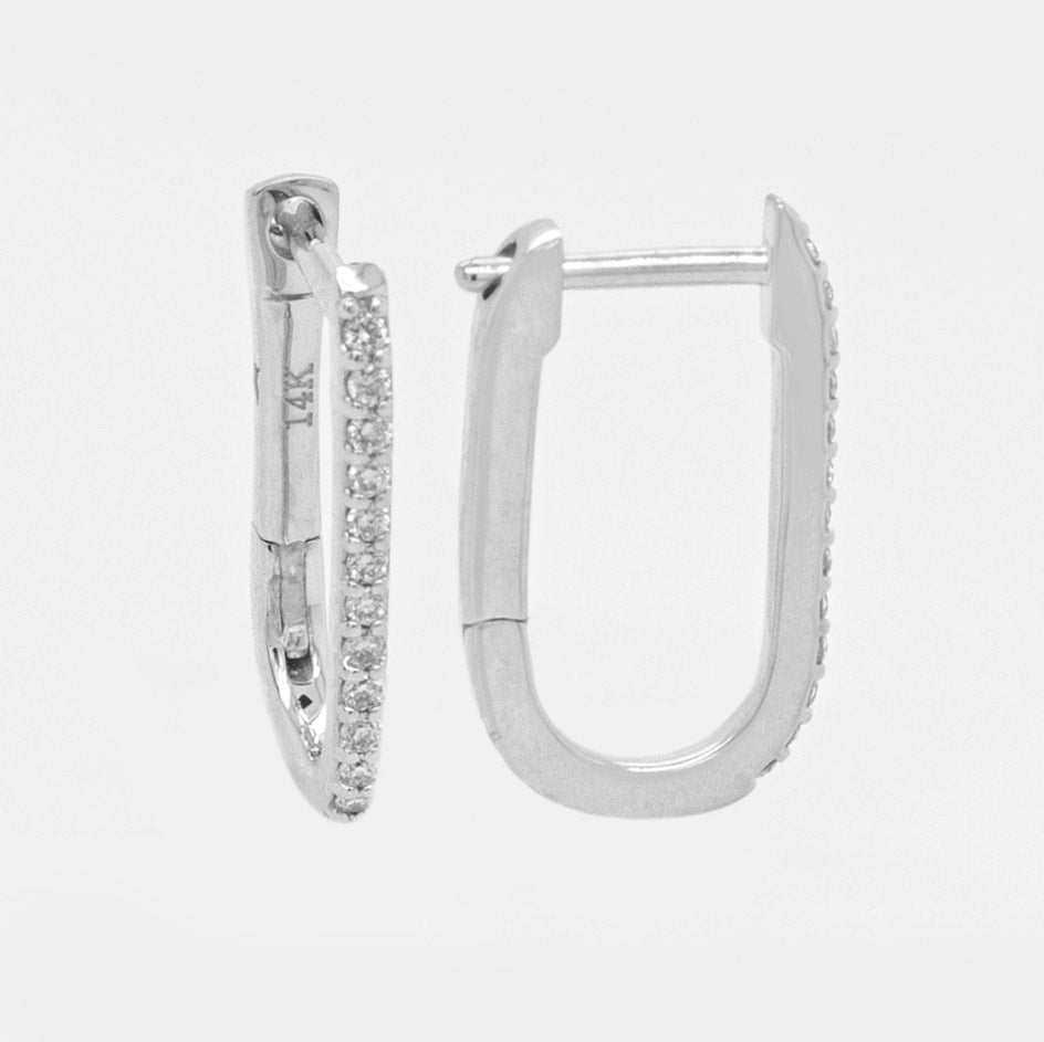 14K White Gold U-Shaped Diamond Huggie Earrings