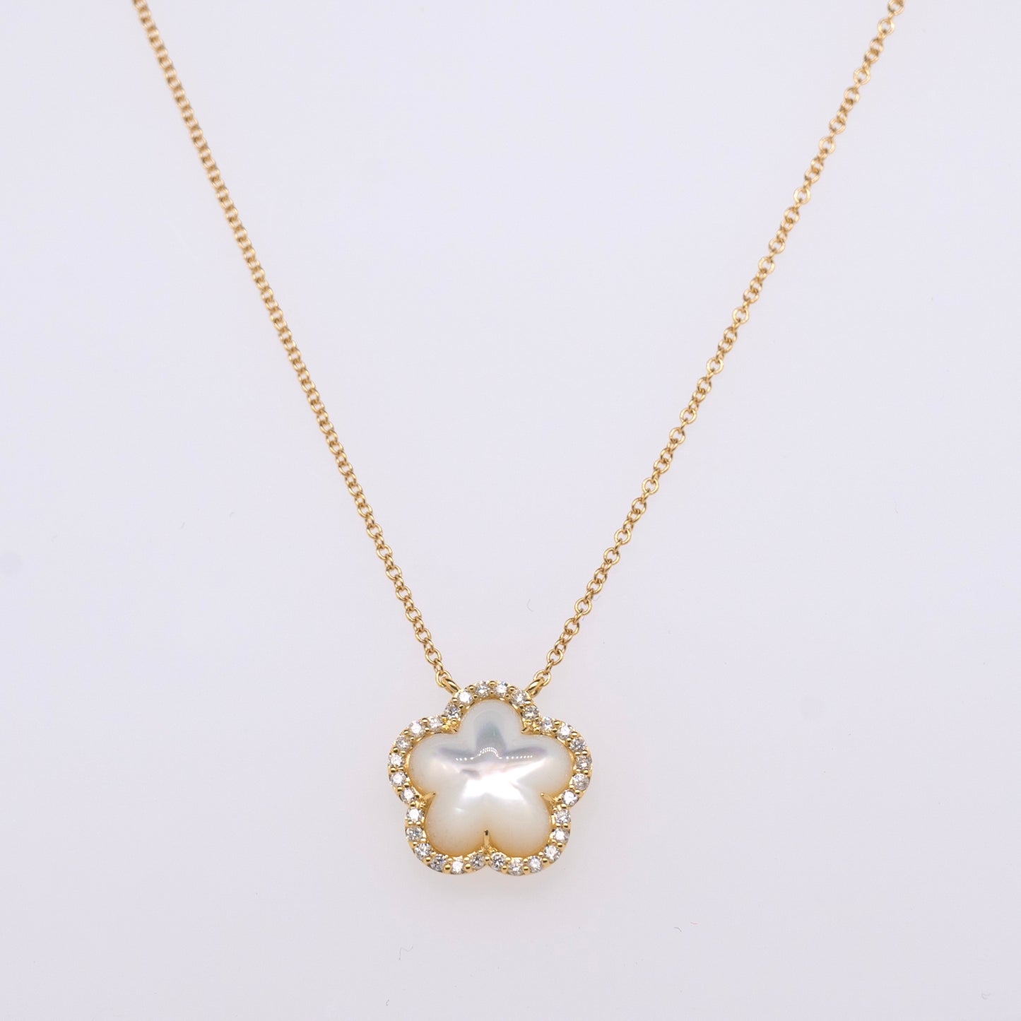 14K Yellow Gold Diamond and Mother of Pearl Flower Pendant Necklace
