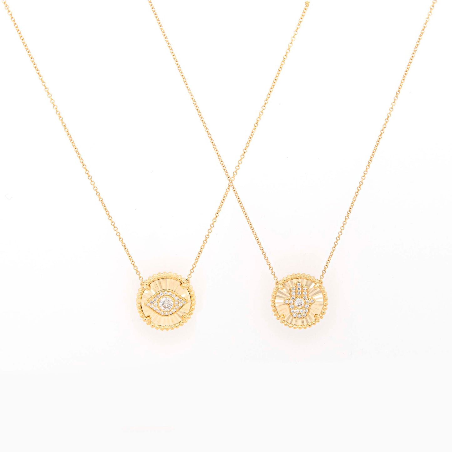 14K Yellow Gold Diamond Double Sided Evil Eye & Hamsa Pendant Necklace