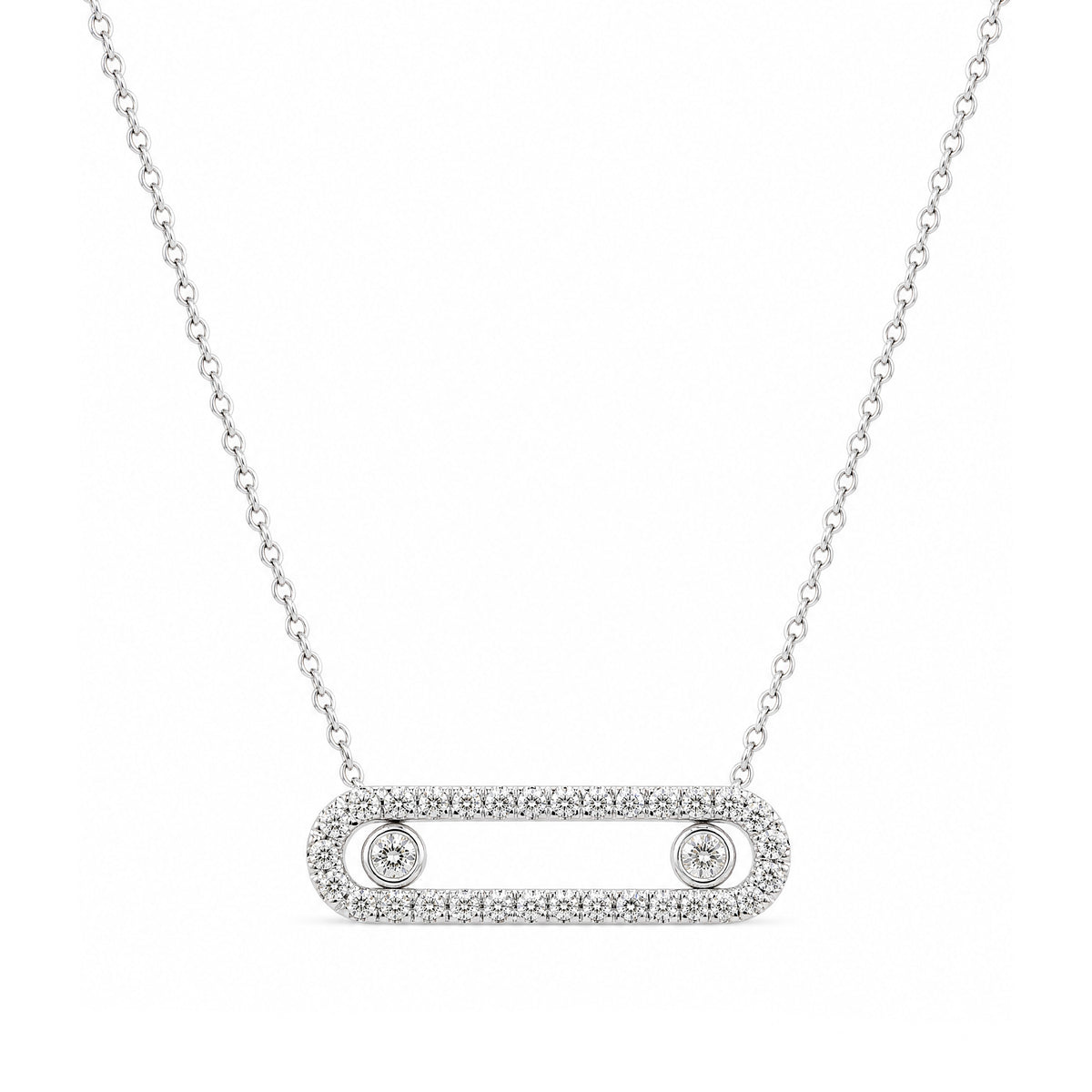 14K White Gold Double Ball Floating Bar Diamond Necklace
