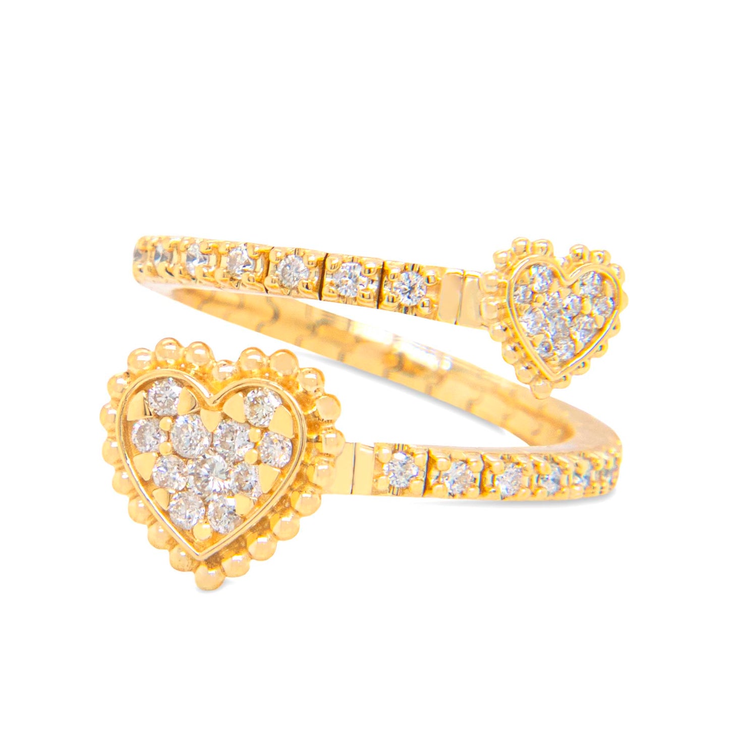 14K Yellow Gold Pave Diamond Heart Flexible Wrap Ring