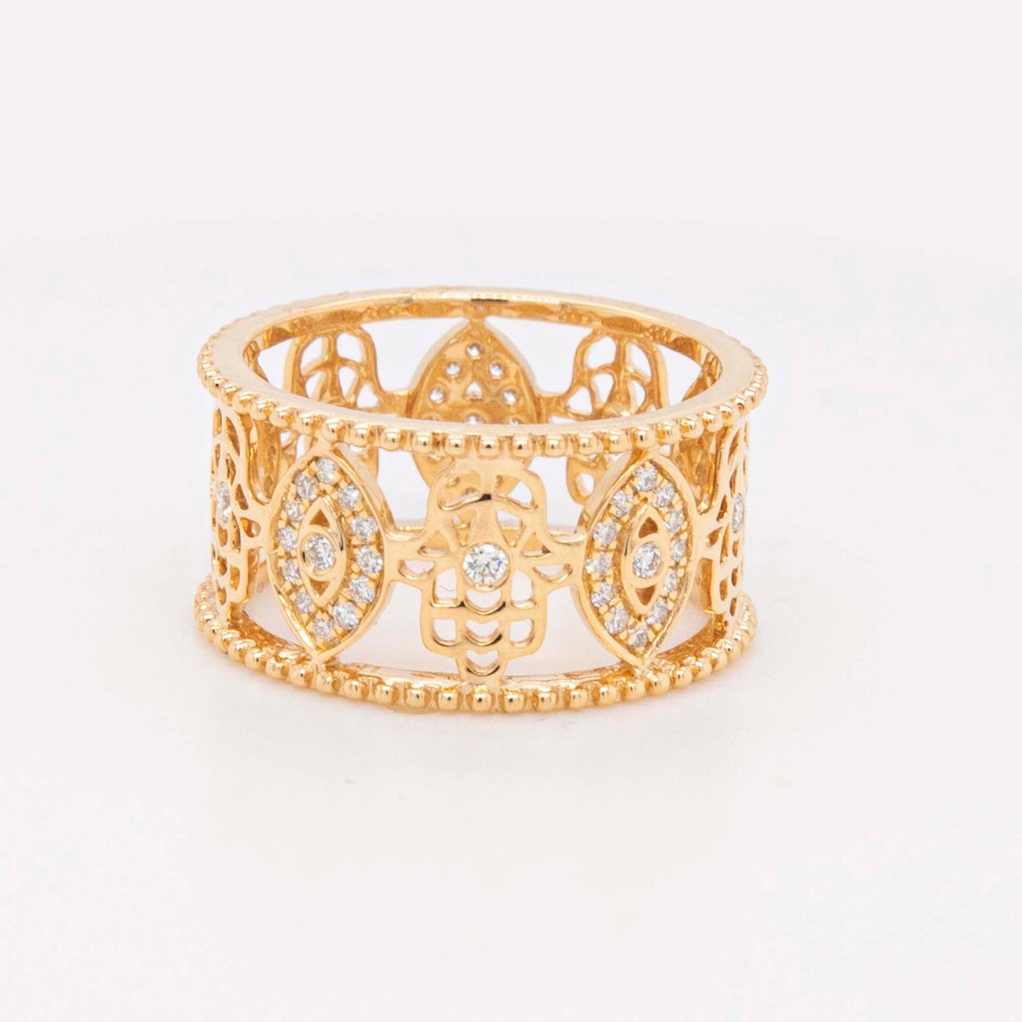 14K Yellow Gold Diamond Wide Band Style Hamsa Ring
