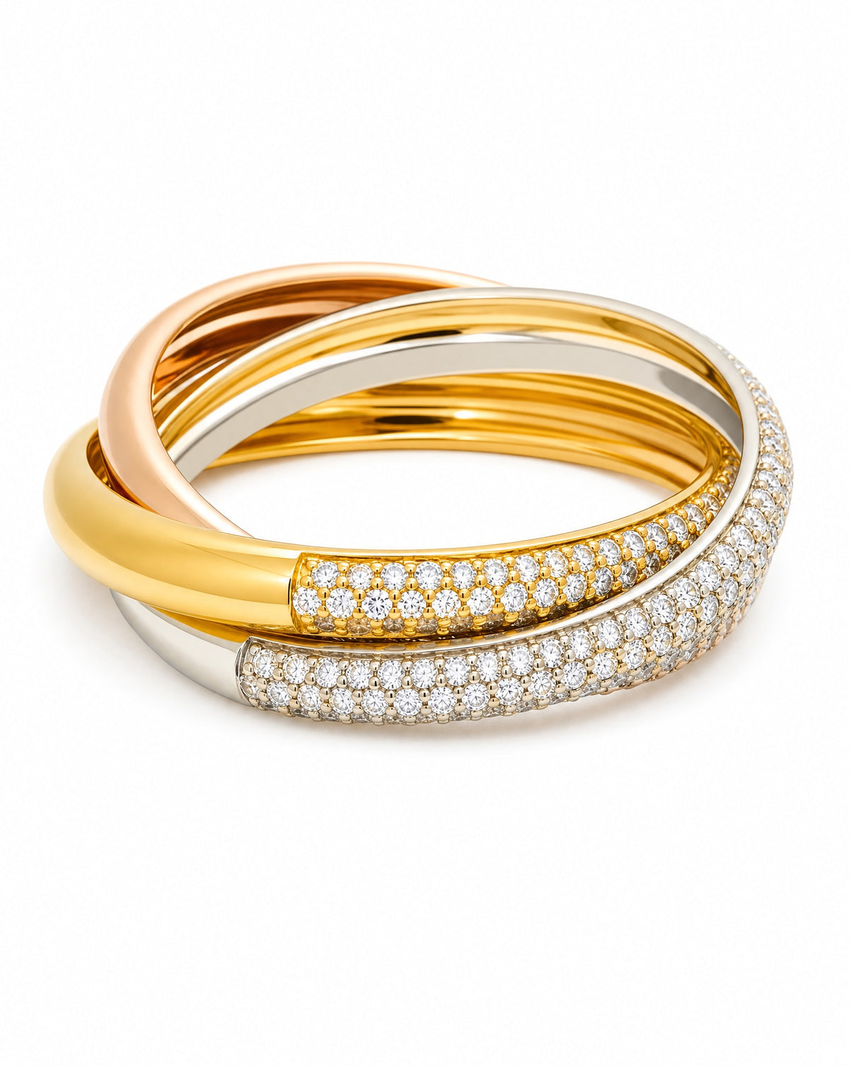 14K Tri Color Gold Diamond Wrapped Stackable Bands