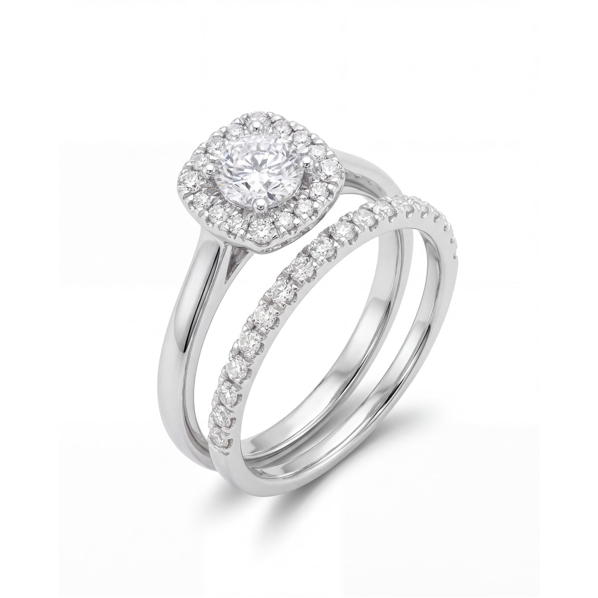 14K White Gold Round Halo Engagement and Wedding Band Set Style 2