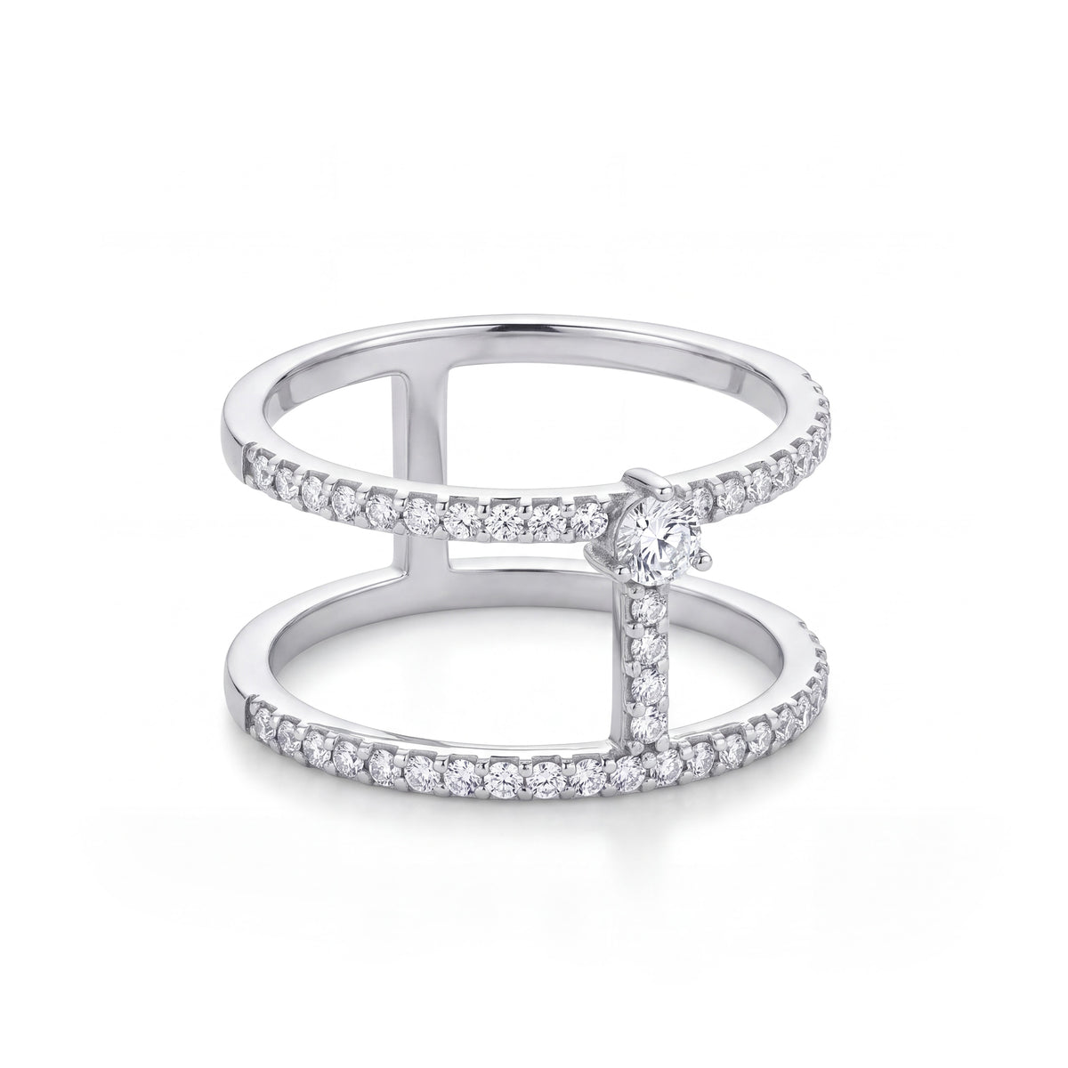 14K White Gold Diamond Double Line Ring