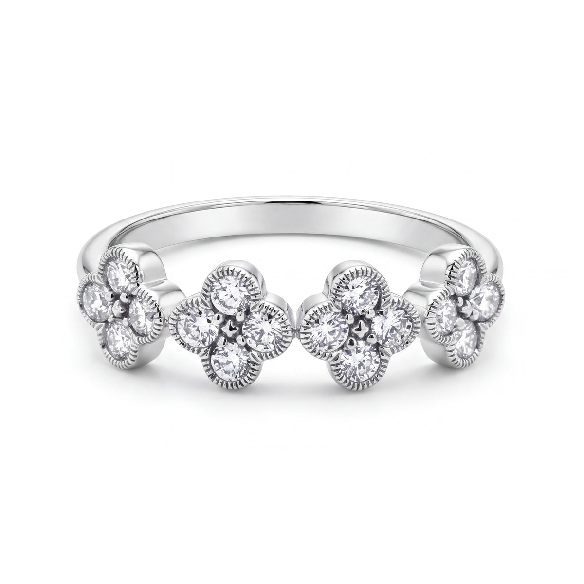 14K White Gold Diamond Clovers Band Ring