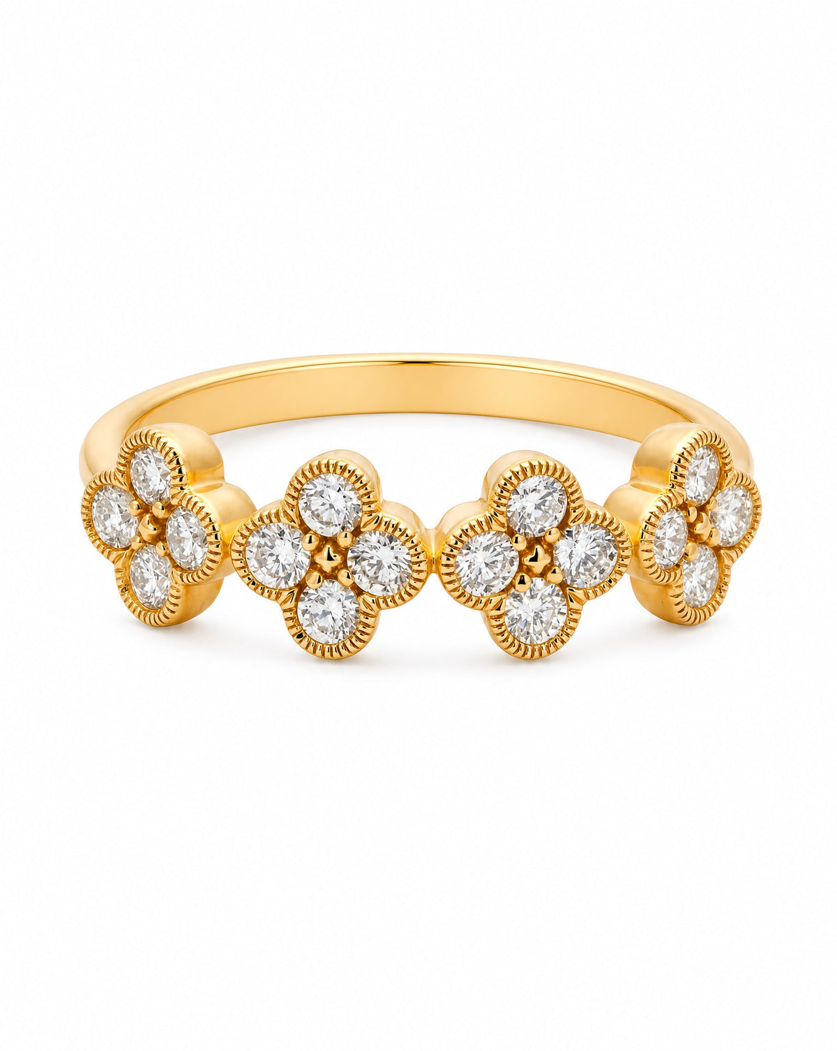 14K Yellow Gold Diamond Clovers Band Ring