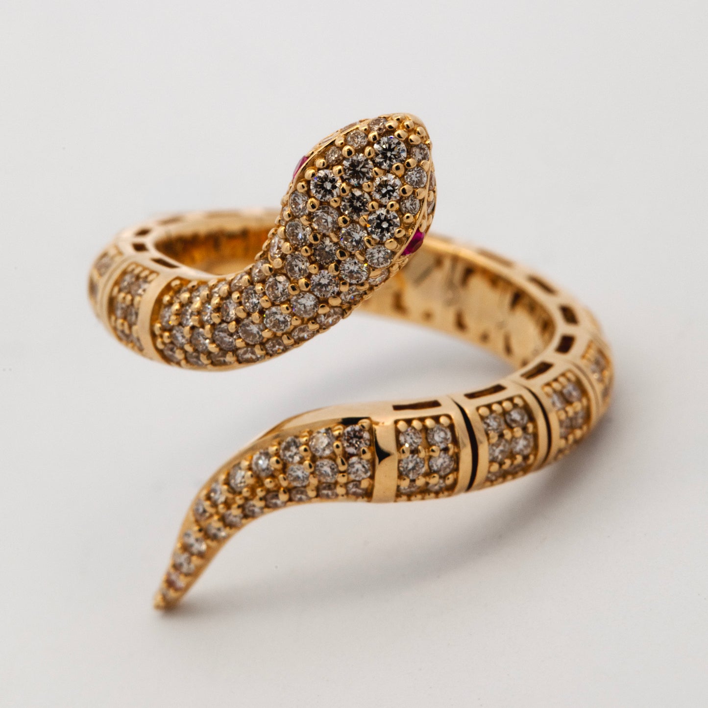 14K Yellow Gold Diamond and Ruby Snake Ring Style 2