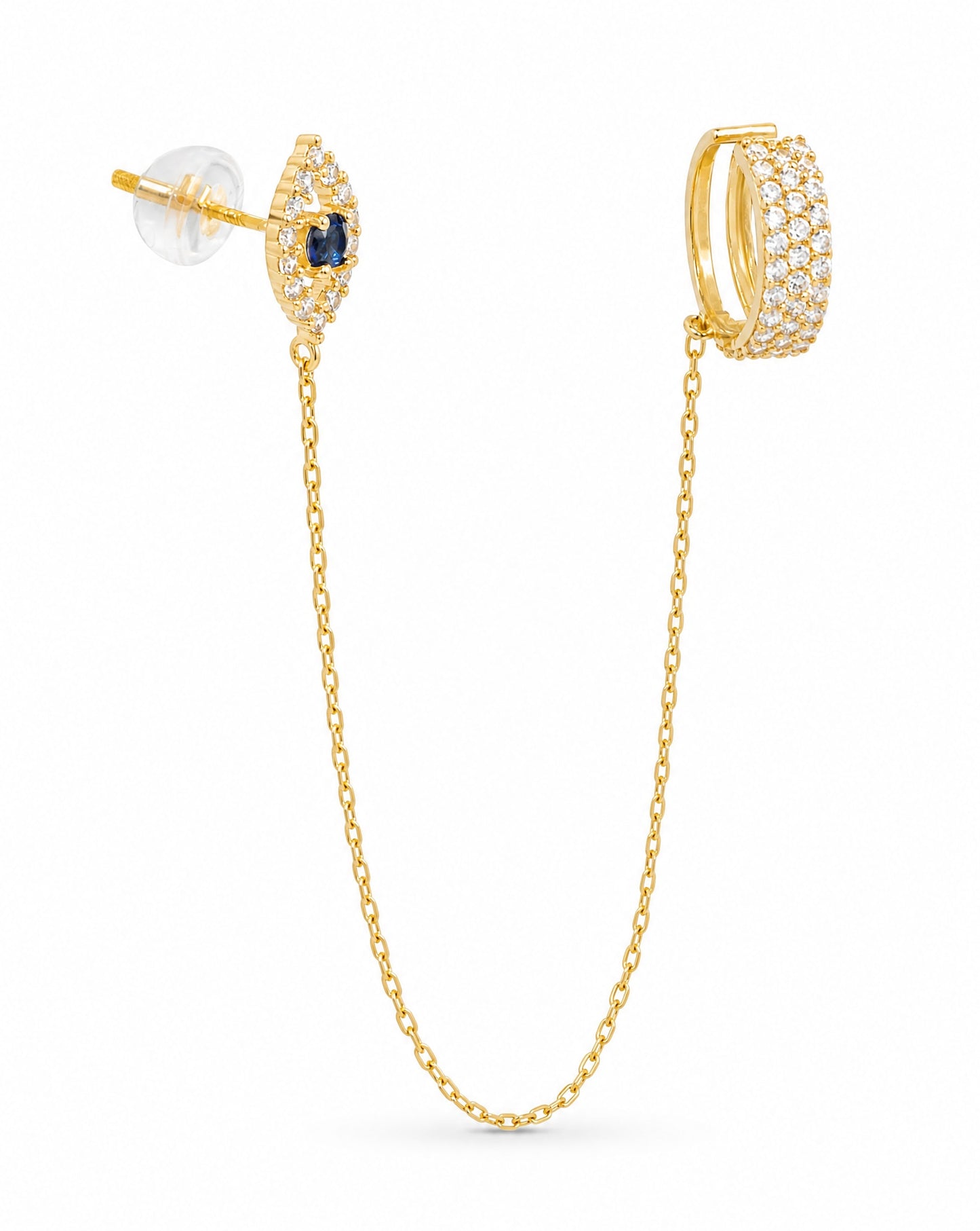 14K Yellow Gold Evil Eye Chain Ear Cuff