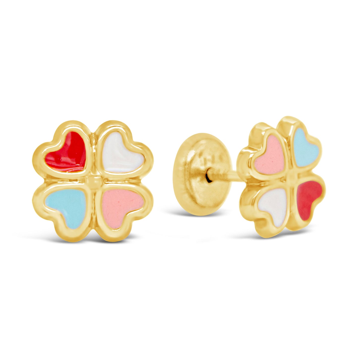 14K Yellow Gold Multicolor Heart Clover Enamel Screwback Earrings