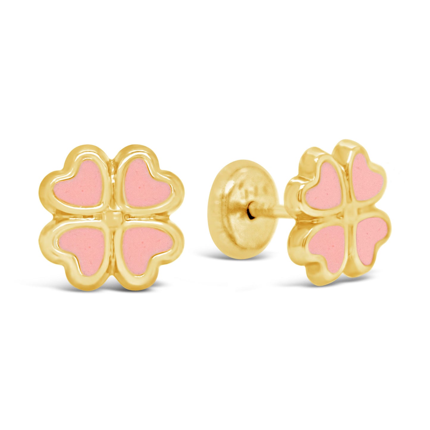 14K Yellow Gold Pink Heart Clover Enamel Screwback Earrings