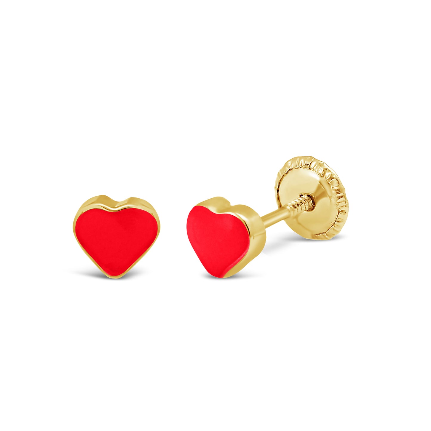 14K Yellow Gold Medium Red Heart Enamel Screwback Earrings