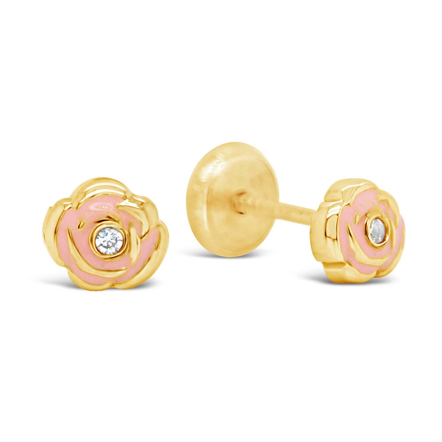 14K Yellow Gold Small CZ Pink Rose Enamel Screwback Earrings