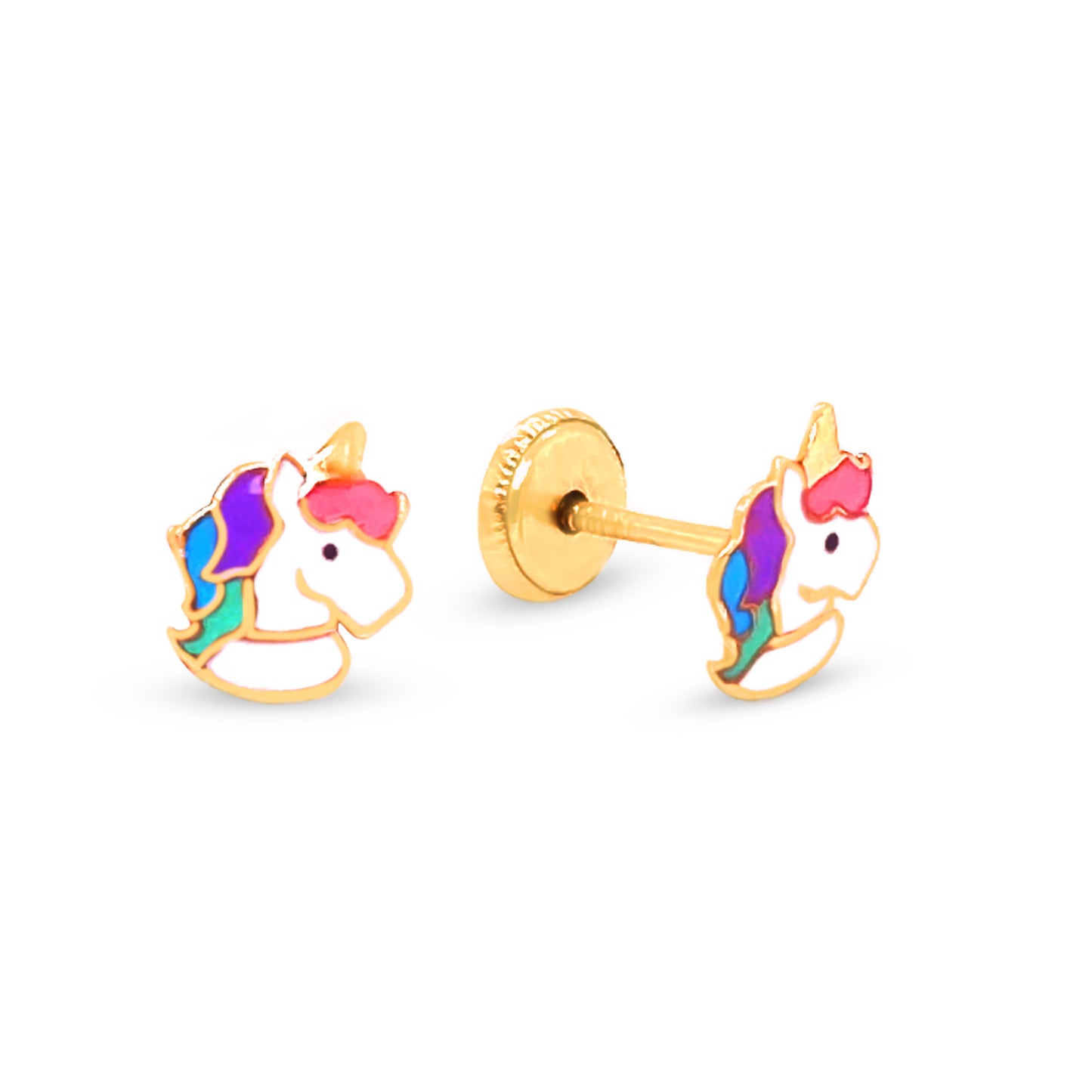 14K Yellow Gold Small Unircon Head Enamel Screwback Earrings