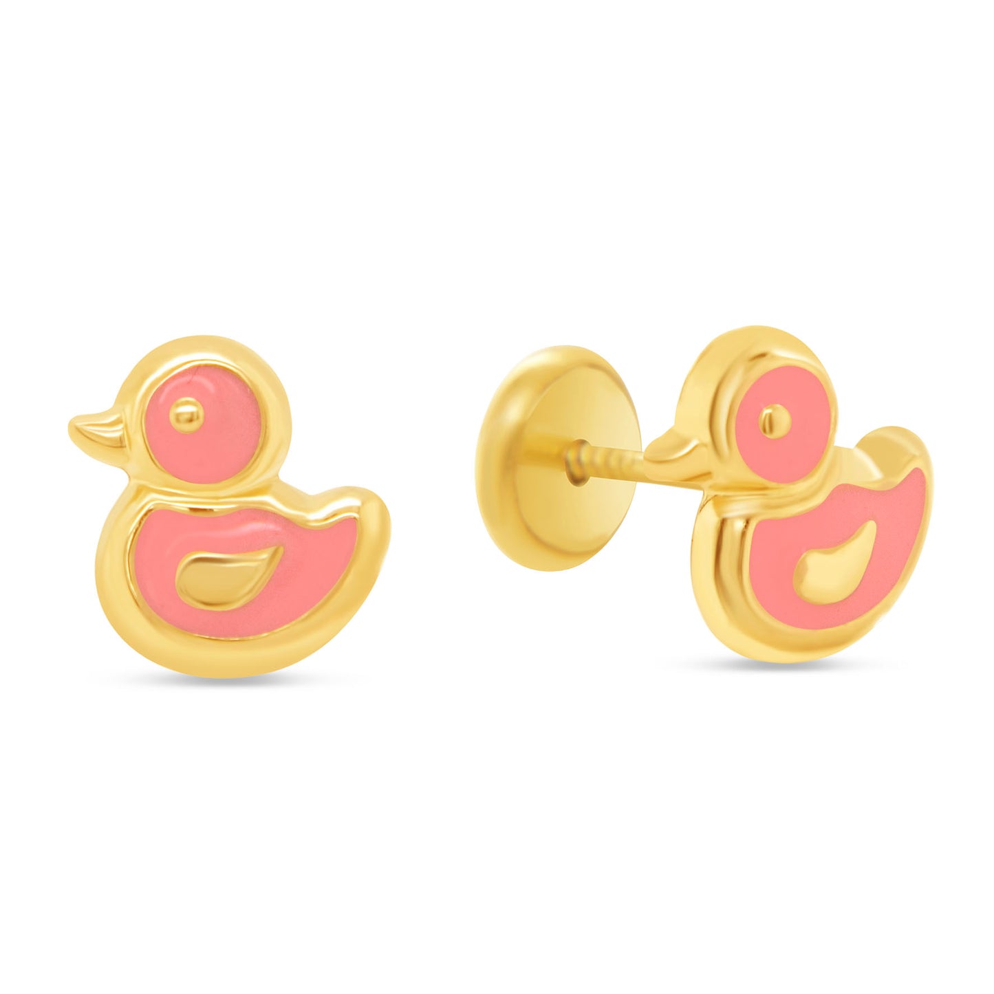 14K Yellow Gold Pink Duck Enamel Screwback Earrings