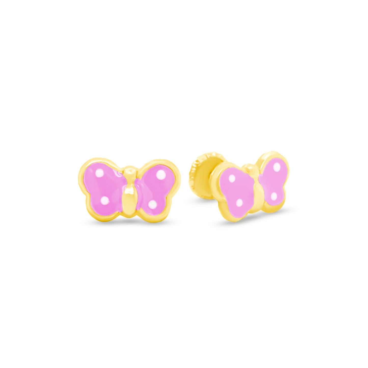 14K Yellow Gold Small Pink Butterfly Enamel Screwback Earrings