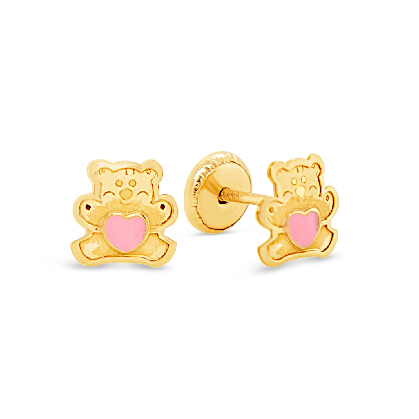 14K Yellow Gold Pink Heart Teddy Bear Enamel Screwback Earrings