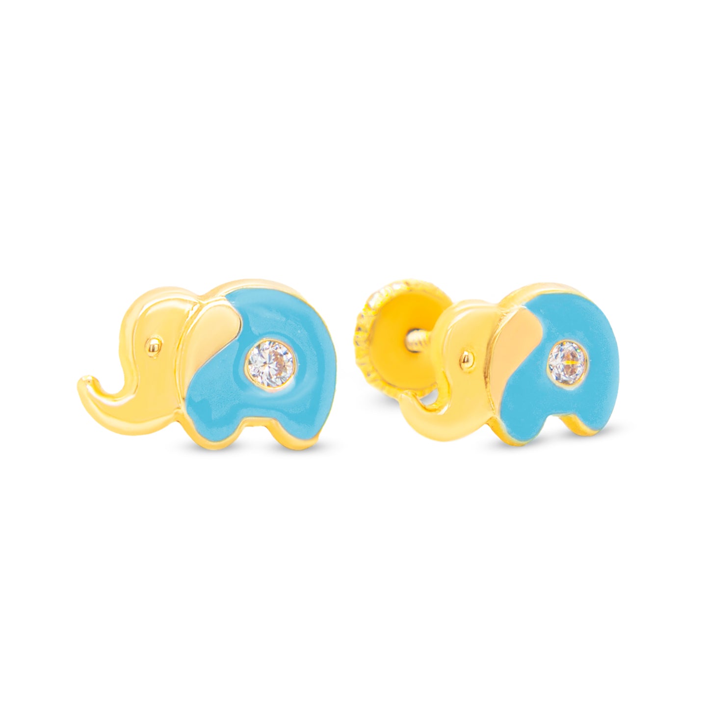 14K Yellow Gold Medium CZ Light Blue Elephant Enamel Screwback Earrings