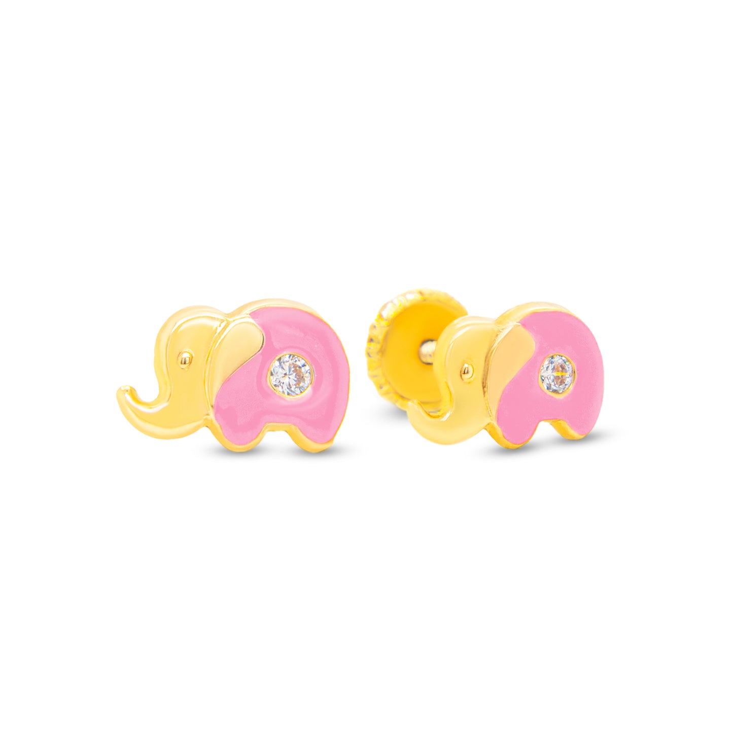 14K Yellow Gold Small CZ Pink Elephant Enamel Screwback Earrings