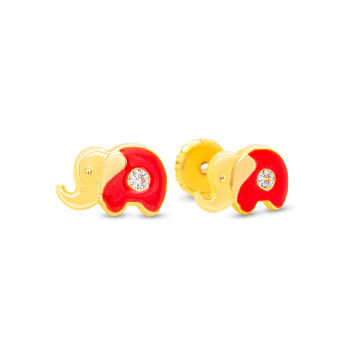 14K Yellow Gold Small CZ Red Elephant Enamel Screwback Earrings