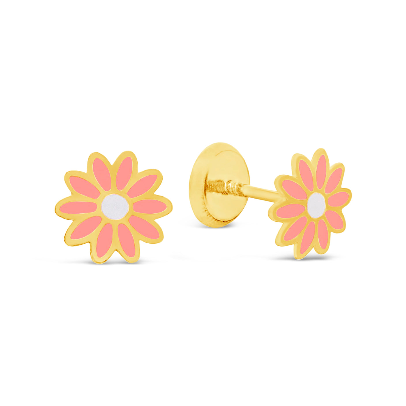 14K Yellow Gold Pink and White Daisy Flower Enamel Screwback Earrings