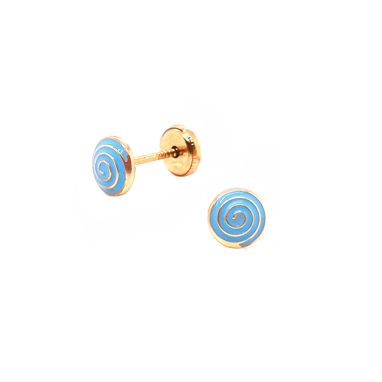 14K Yellow Gold Light Blue Spiral Enamel Screwback Earrings