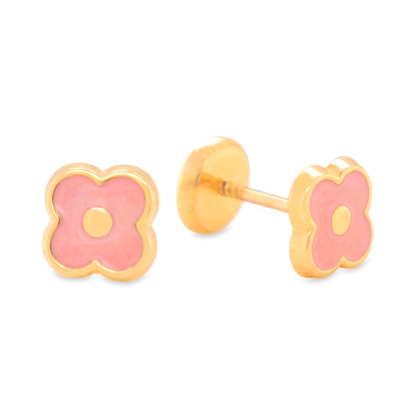 14K Yellow Gold Pink Flower Enamel Screwback Earrings