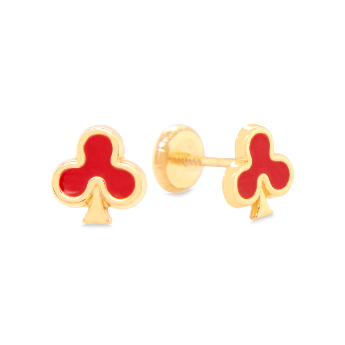 14K Yellow Gold Red Club Enamel Screwback Earrings