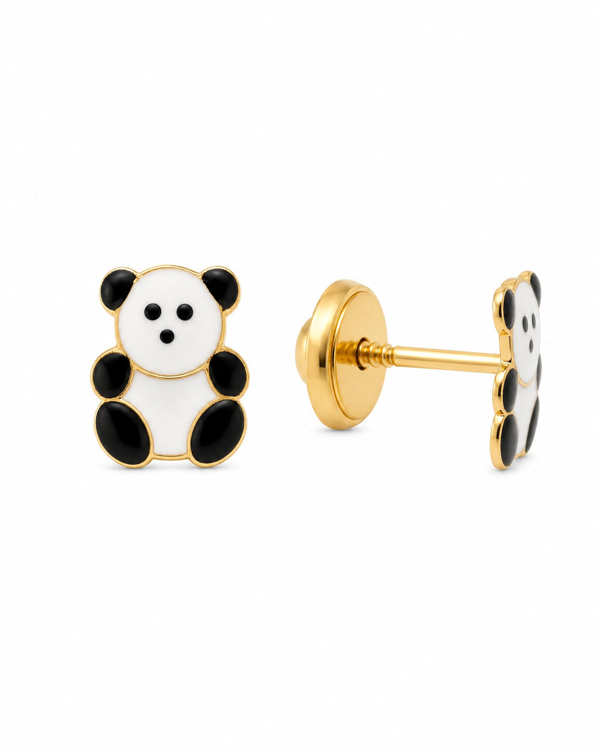 14K Yellow Gold Enamel Panda Screwback Earrings