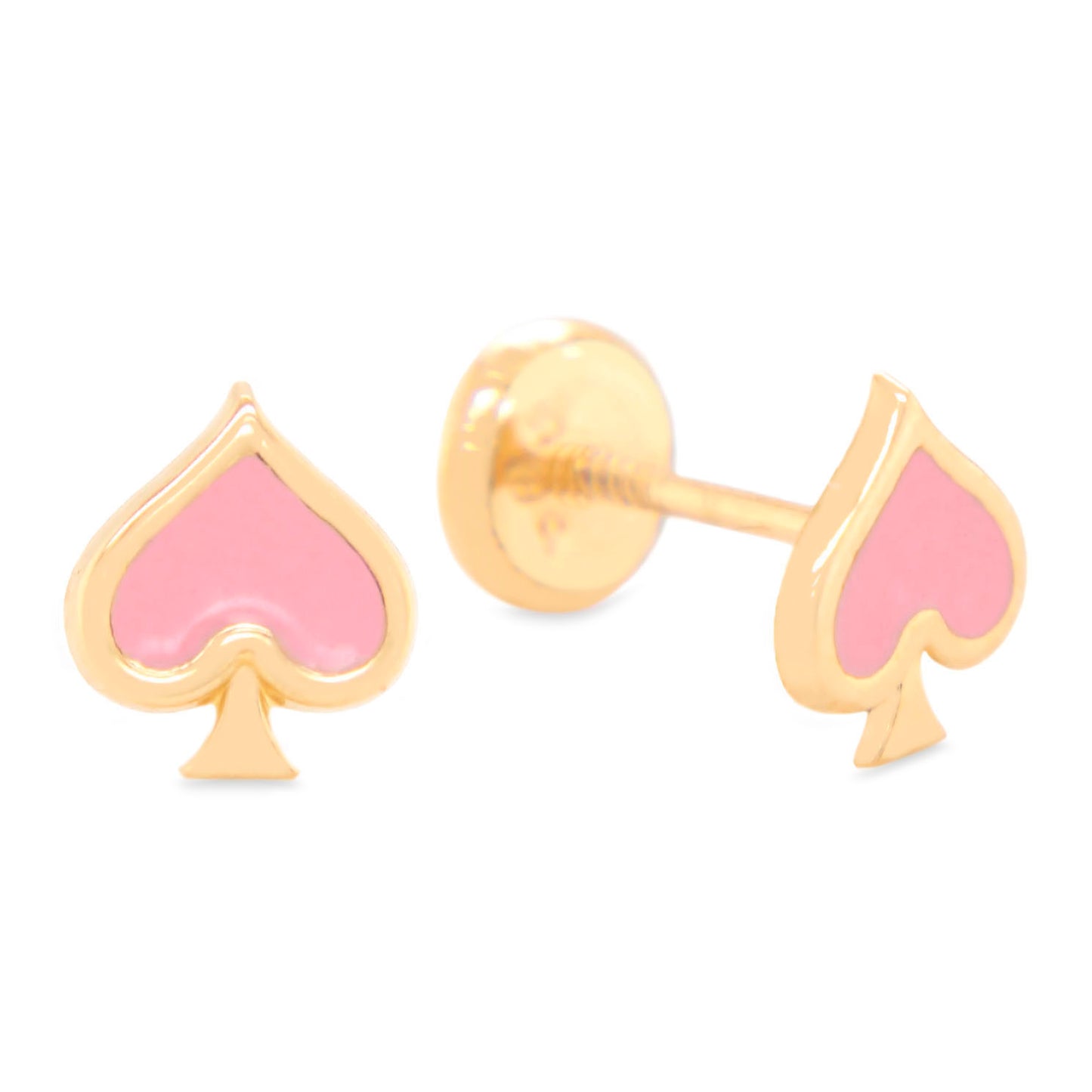 14K Yellow Gold Pink Spade Enamel Screwback Earrings