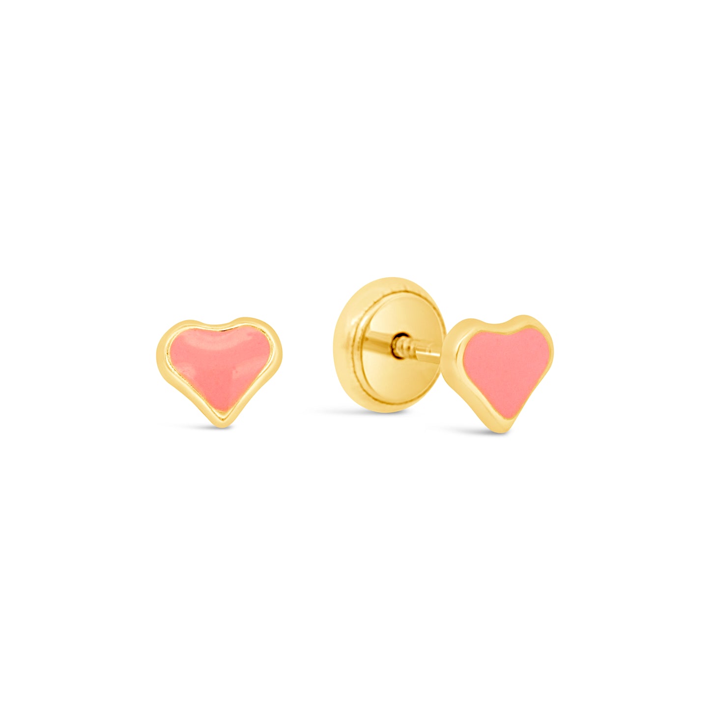14K Yellow Gold Small Pink Heart Enamel Screwback Earrings