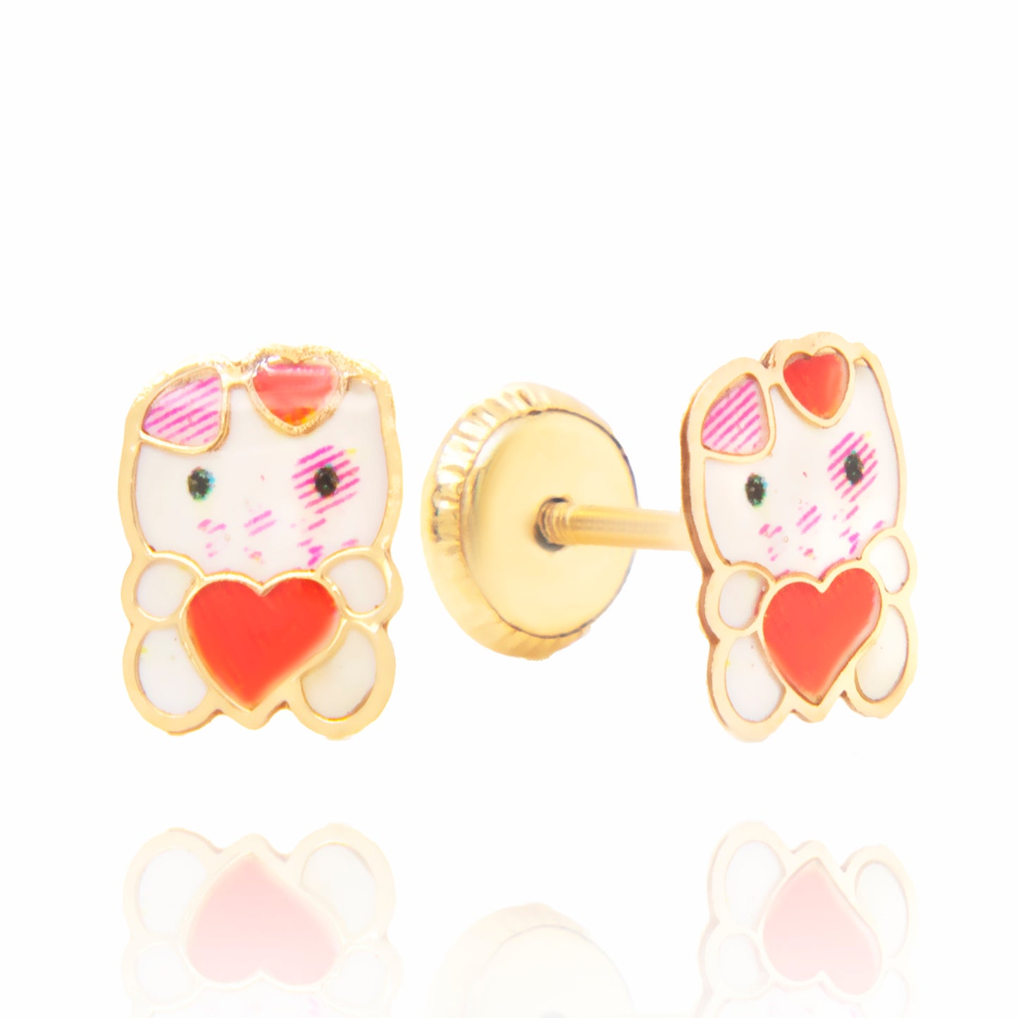 14K Yellow Gold Kitty Enamel Screwback Earrings