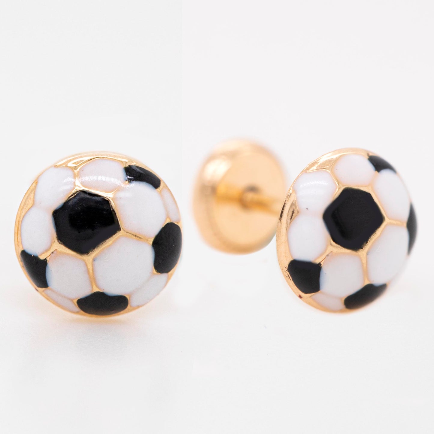 14K Yellow Gold Soccer Ball Enamel Screwback Earrings